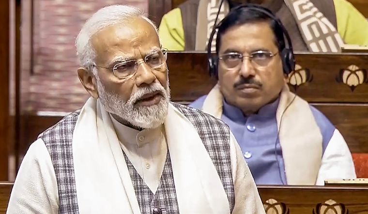 Prime Minister Narendra Modi speaks in the Rajya Sabha during the Budget session of Parliament, in New Delhi, on February 7, 2024